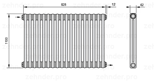 Схема (чертеж) Радиатор Zehnder Charleston 2110/18 №1670 Белый глянцевый RAL 9016